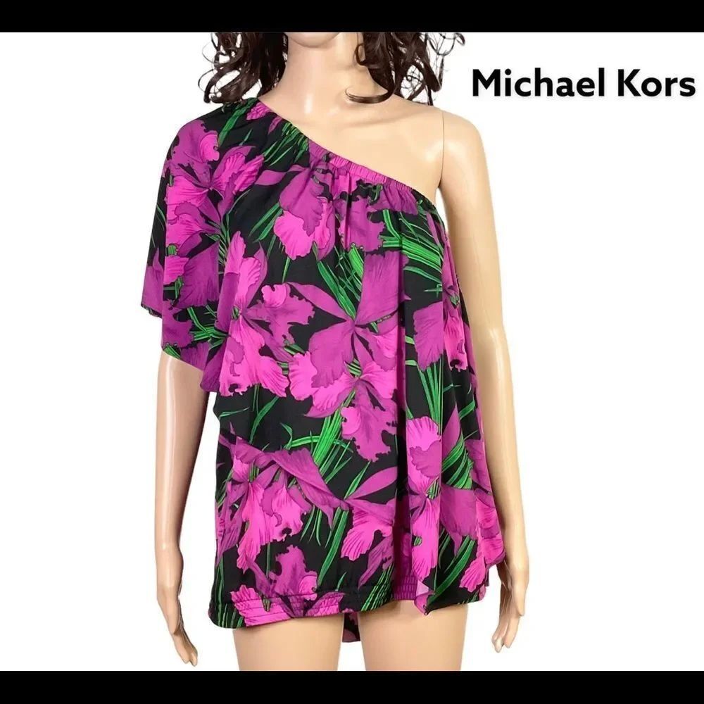 Michael Kors black fuchsia floral print one shoulder ruffle blouse L